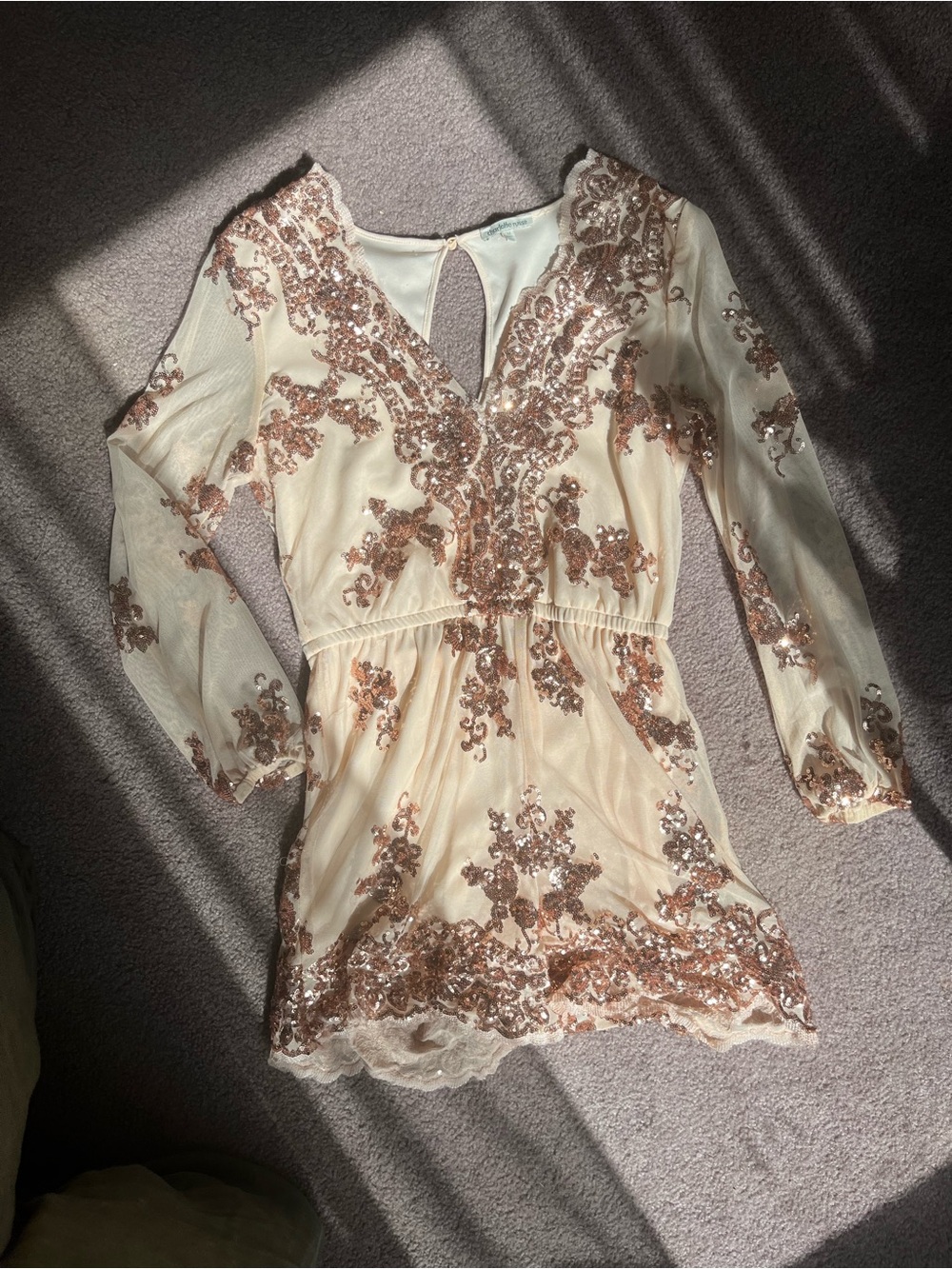 Rose gold sequin romper with mesh sleeves size medium
